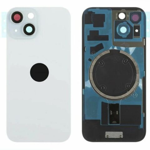 Задняя крышка (стекло) iPhone 15 (в сборе со стеклом камеры + рамка + магниты MagSafe) (Голубой) (Premium)